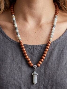 Bohemian & wooden Beaded Necklace with Amazonite pendant
